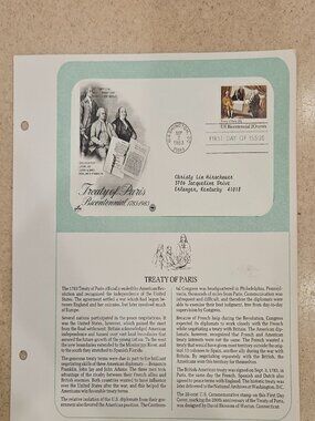 RARE COLLECTIBLE USPS 1ST DAY ISSUE COVER TREATY OF PARIS STAMP ENVELOPE FDC